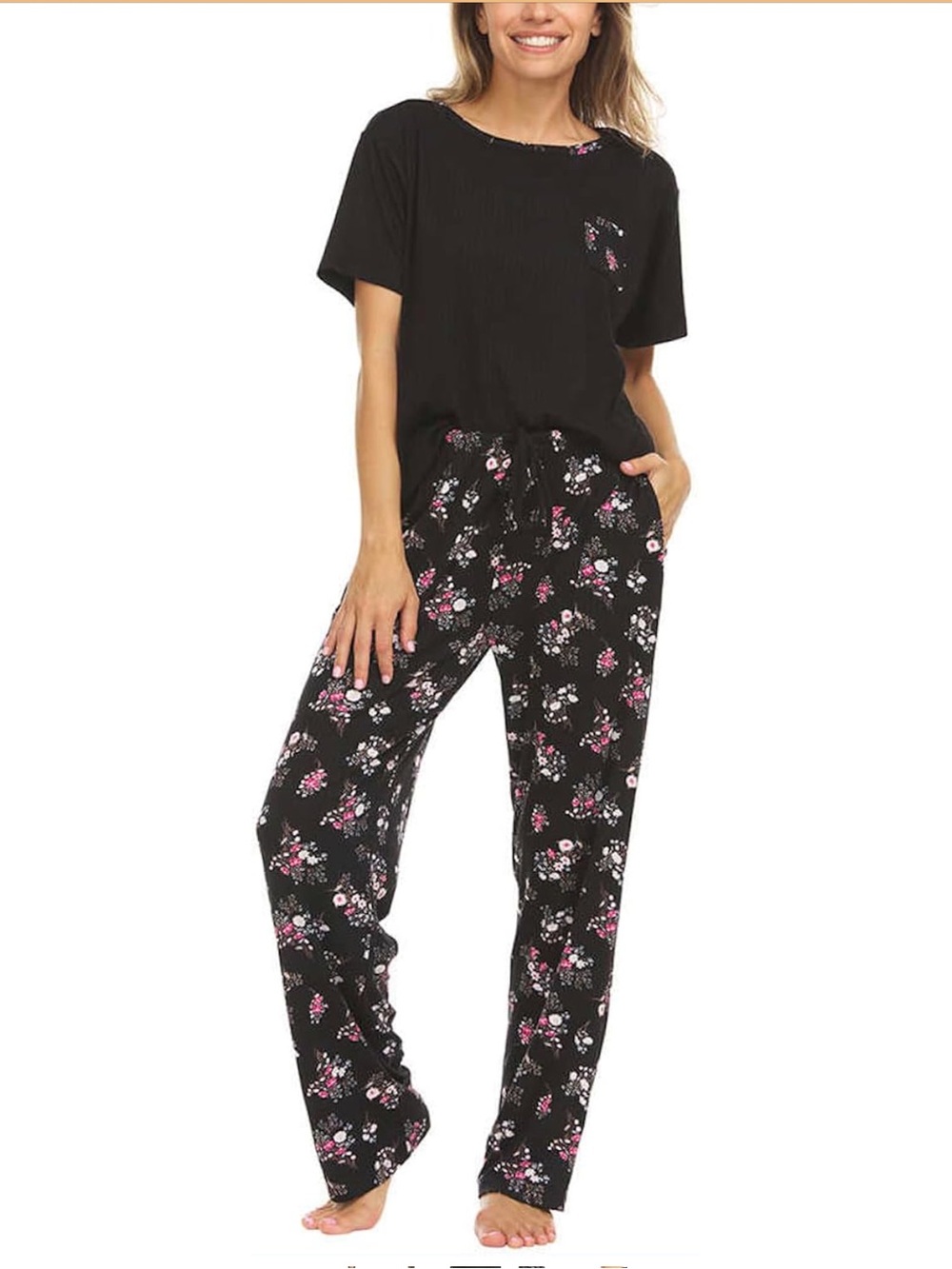 Flora Women's 2 Piece Pajama Lounge Set Short Sleeve Black Flowers